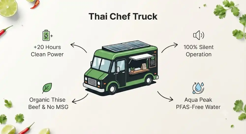 Infografik fra Thai Chef Truck, der viser en grøn og sort madvogn med solceller på taget og fire ikoner for +20 timers batteristrøm, 100% lydløs drift, økologisk oksekød fra Thise uden MSG samt PFAS-frit Aqua Peak vand.